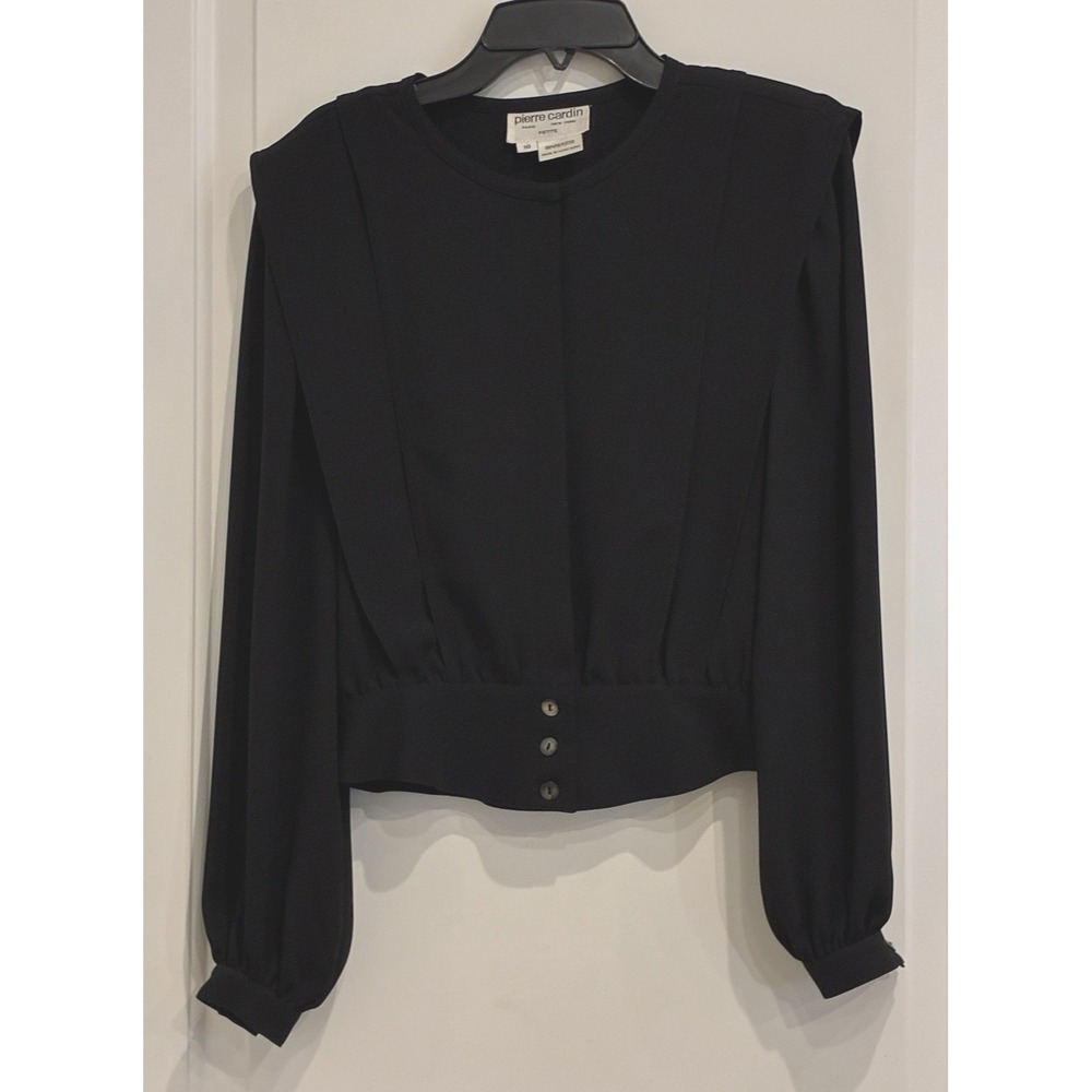 Vintage 80s Pierre Cardin Black Drop Waist Blouse Size 10P Secretary Coquette
